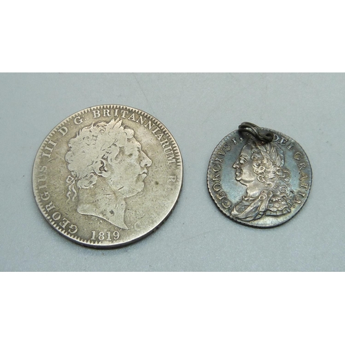 994 - A George III 1819 crown and a 1758 shilling, a/f