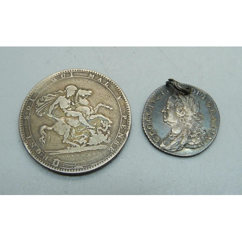 994 - A George III 1819 crown and a 1758 shilling, a/f