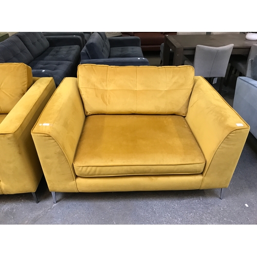 1465 - A mustard yellow velvet pinched back love seat and armchair