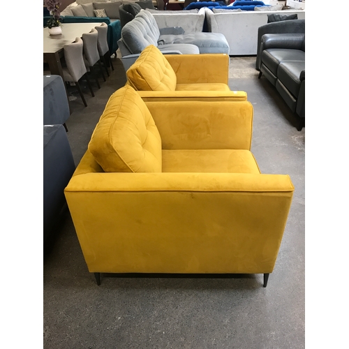 1465 - A mustard yellow velvet pinched back love seat and armchair