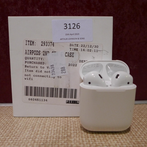 3126 - Airpods (2nd Gen) & Case (model:- MV7N2ZM/A), original RRP £104.99 + VAT (288-155) * This lot is sub... 