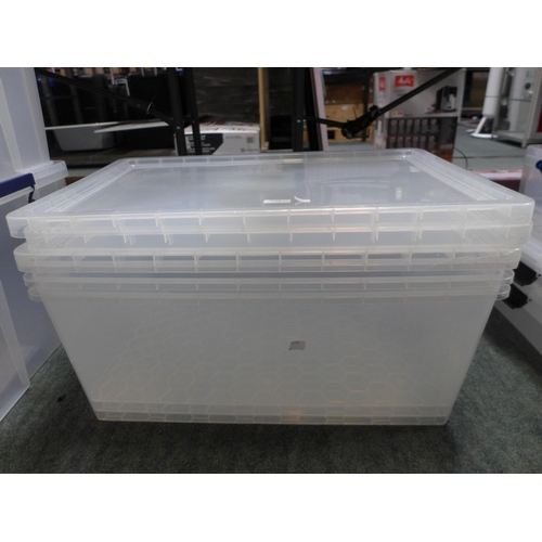 3334 - 3 x 62L Really Useful boxes - one cracked lid