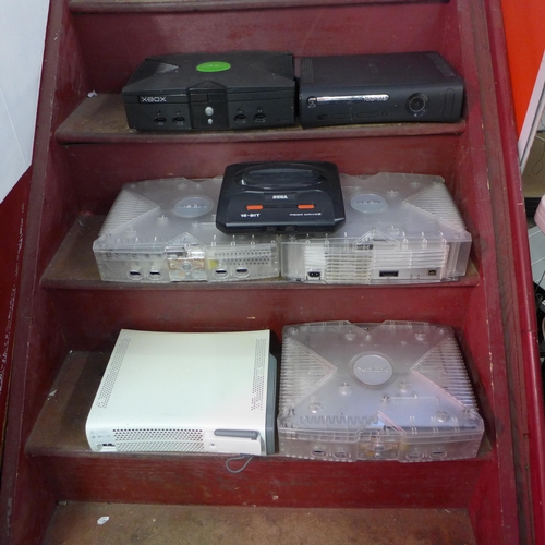 2038 - Box of consoles including original XBox, Sega Mega Drive, XBox 360 and quantity of mixed console con... 