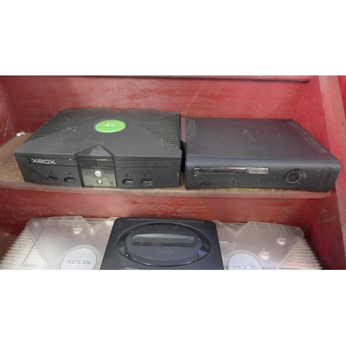 2038 - Box of consoles including original XBox, Sega Mega Drive, XBox 360 and quantity of mixed console con... 