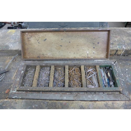 2359 - Large work bench with attached vice and storage compartment containing nails, nut and bolts