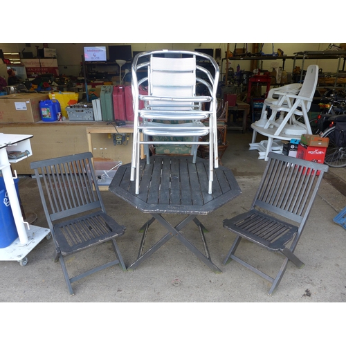 2398 - 3 Metal chairs, hexagonal wood table and two wooden chairs