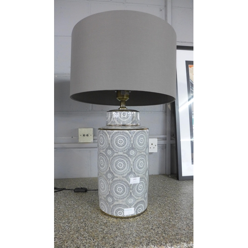 1402 - A large white and grey porcelain lamp with geometric pattern and grey shade