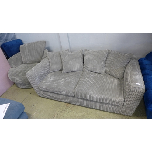 1495 - A grey jumbo corduroy three seater sofa and swivel love seat