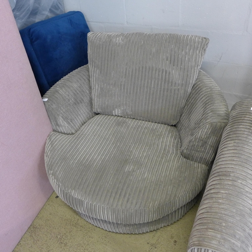 1495 - A grey jumbo corduroy three seater sofa and swivel love seat