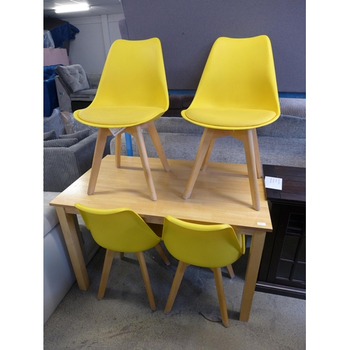 1524 - An oak fixed top dining table with set of four yellow upholstered dining chairs - marked