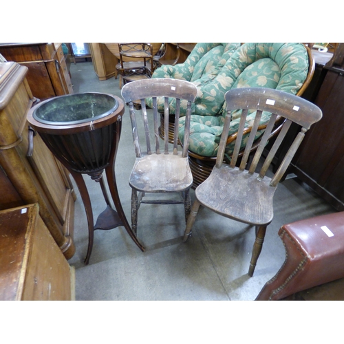 171 - An Edward VII mahogany jardiniere on stand and two Victorian elm and beech kitchen chairs