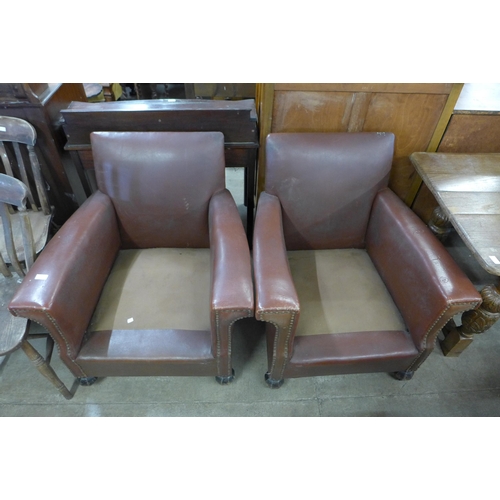 172 - A pair of Art Deco faux brown leather club chairs