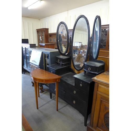 195 - A painted oak side by side bureau bookcase, an ebonised Edward VII dressing table and an inlaid maho... 