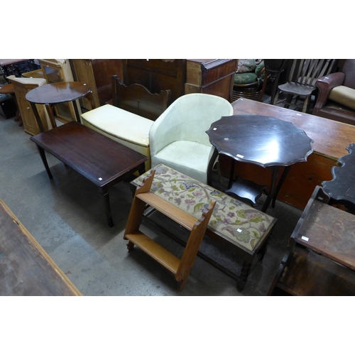 215 - A barleytwist and embroidered oak stool, a folding games table, etc. (8)