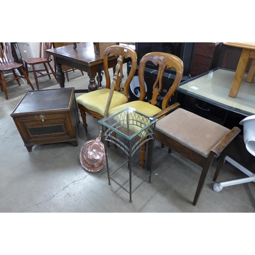 229 - A pair of Victorian mahogany chairs and a small oak cabinet, etc. (6)