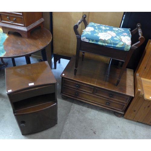 231 - A walnut bedside cupboard, a piano stool and one other