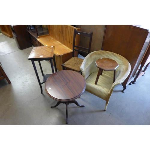 233 - A Lloyd Loom chair, a jardiniere stand, stool, etc. (5)