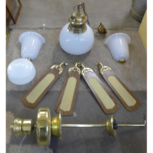 250 - A brass and oak effect ceiling light/fan and matching wall light