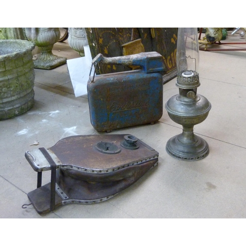 275 - An Eversure petrol can, set of bellows and an oil lamp base