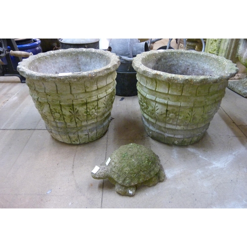 276 - A pair of concrete planters and a concrete garden figure of a tortoise