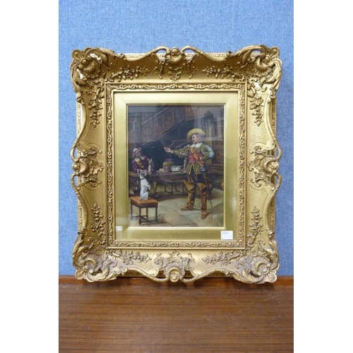 305 - Flemish School (19th Century), interior scene with Cavaliers and dog, oil on canvas, unsigned, frame... 