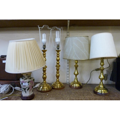 357 - Four brass table lamps and one other