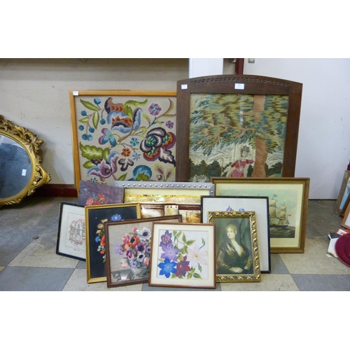 362 - Assorted tapestries, a fire screen, prints, etc.