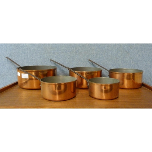 368 - A set of five graduated copper coated saucepans