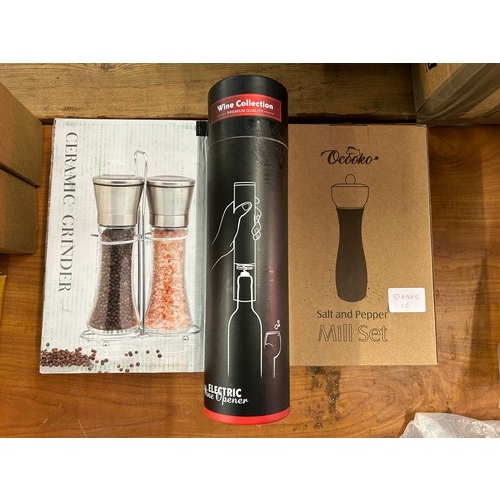 2053 - Two ceramic salt and pepper grinders plus one Wine Collection electric wine bottle opener, all seale... 