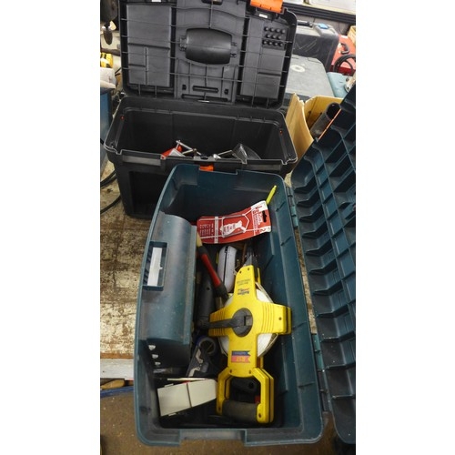 2133 - 2 Plastic tool boxes of hand tools including screwdrivers, clamps, chisels, etc.