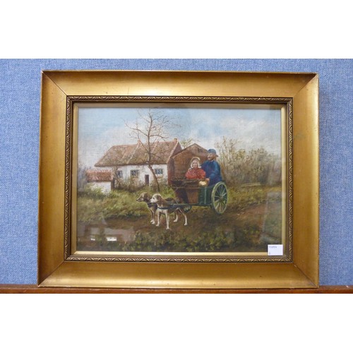 306 - English School, rural landscape with figures by a cottage, oil on canvas, unsigned, framed