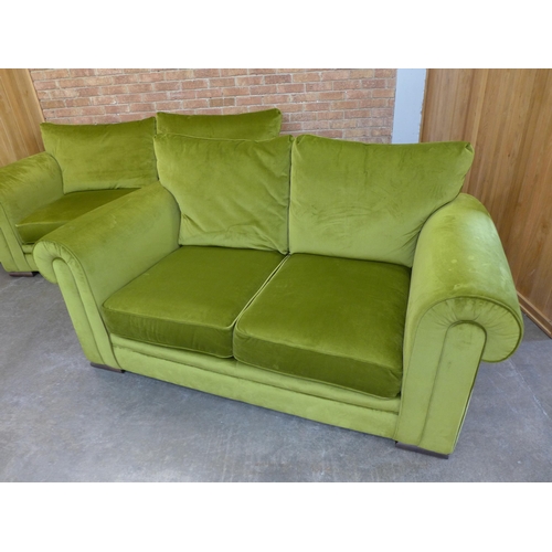 9 - A moss green velvet four and 2.5 seater sofa (Four Seater = H=100cm x W=237cm x D=106cm, 2.5 Seater ... 