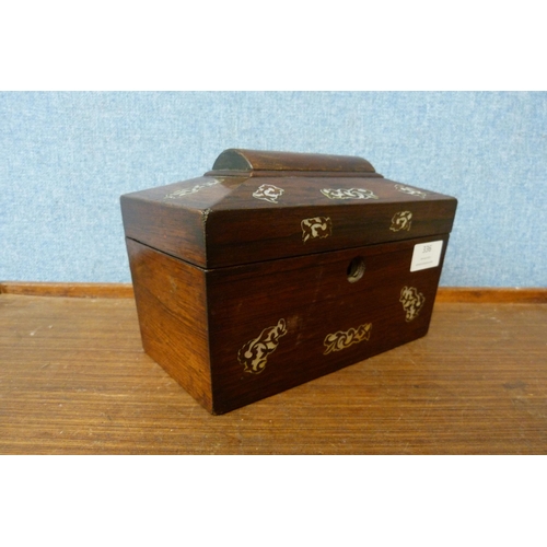 382 - A Victorian rosewood and mother of pearl inlaid sarcophagus shaped tea caddy