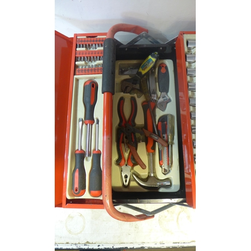 2001 - Record no.34 bench vice with red and black metal tool box containing a socket set, screwdriver set, ... 