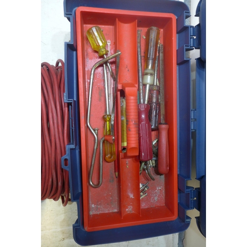 2005 - Toolbox containing files, screwdrivers, small hand saw, hammer etc and extension cable and reel