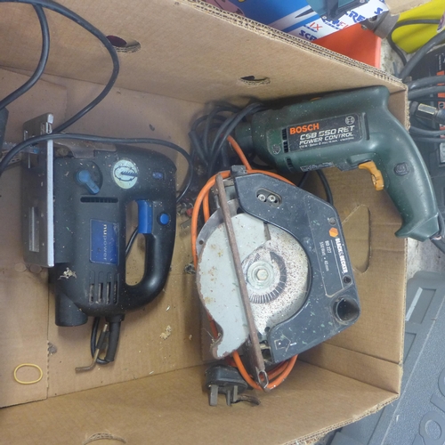 2015 - Boxes of assorted hand and power tools, including Black & Decker 550w, circular saw and a pair of ca... 