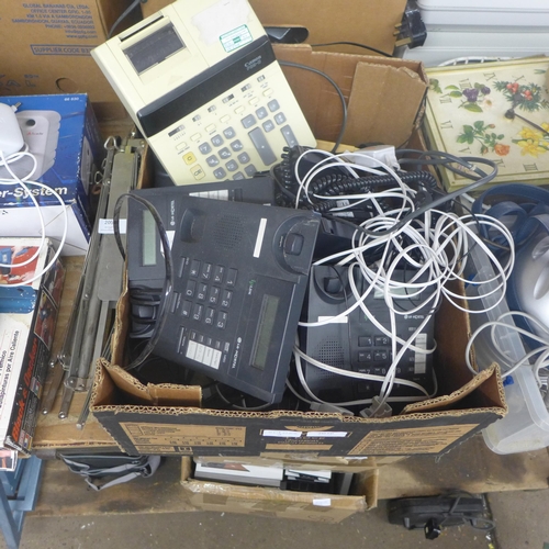 2076 - Assorted electrical items inc. box of phones, Google Dot, de-humidifier, etc.