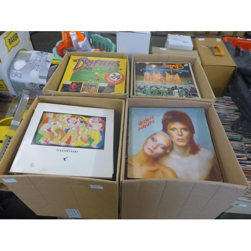 2110 - Four boxes of approx. 250 LPs and records from the 1960's, 70's and 80's featuring David Bowie, UB40... 