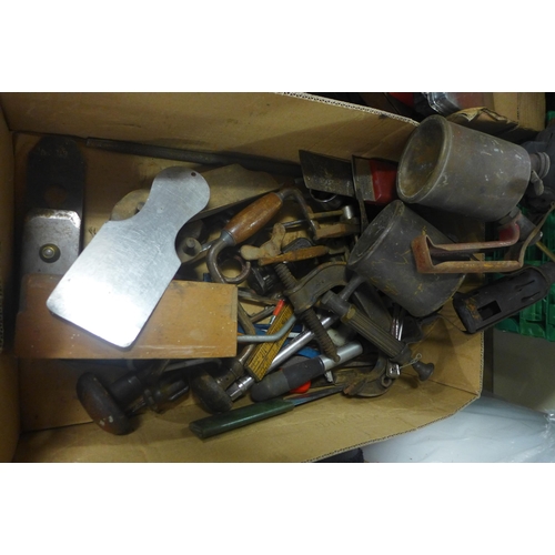 2145 - 2 Boxes of assorted hand tools including planes, hack saws, G-clamps and masonry wall plugs, etc.