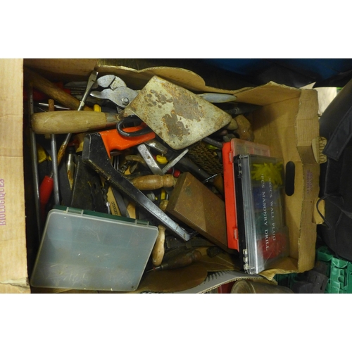 2145 - 2 Boxes of assorted hand tools including planes, hack saws, G-clamps and masonry wall plugs, etc.