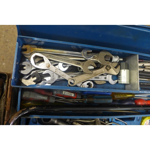 2147 - 2 Metal tool boxes of assorted tools including spanners, screwdrivers and drill bits