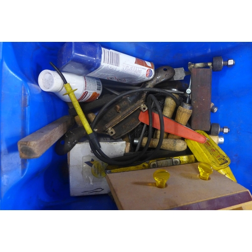 2148 - 2 Plastic boxes of assorted hand tools including Marples joinery jig, levels and file, etc.