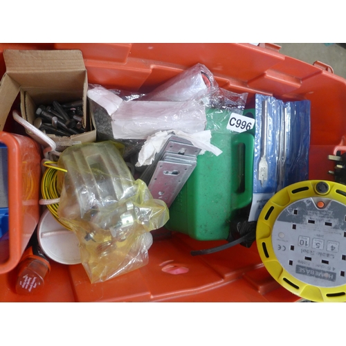 2189 - Heavy duty plastic storage box containing petrol can, 4 socket extension, various tooling including ... 