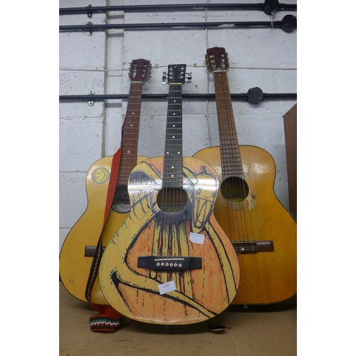 2196 - Terada acoustic guitar, Falcon acoustic guitar, El Chilo 1514 acoustic guitar (no strings) and tarta... 