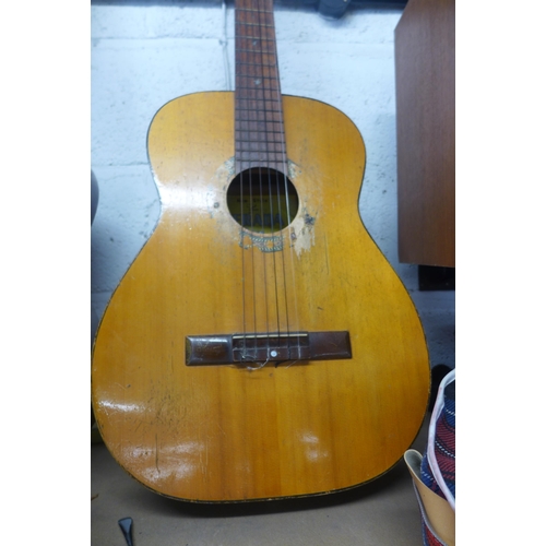 2196 - Terada acoustic guitar, Falcon acoustic guitar, El Chilo 1514 acoustic guitar (no strings) and tarta... 