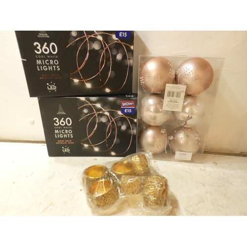 2224 - 2 Boxes unused rose gold fairy lights and Christmas baubles, etc.