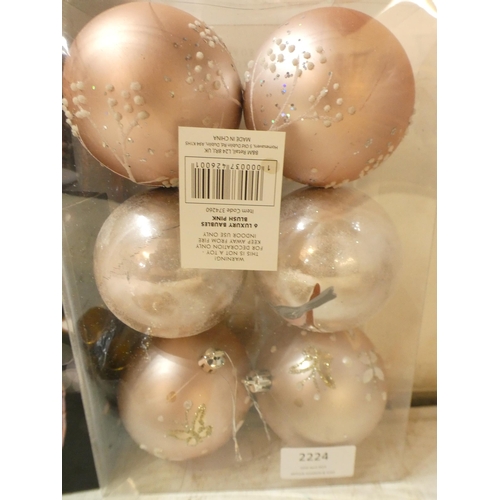 2224 - 2 Boxes unused rose gold fairy lights and Christmas baubles, etc.