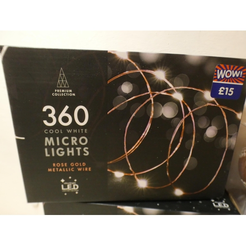 2224 - 2 Boxes unused rose gold fairy lights and Christmas baubles, etc.