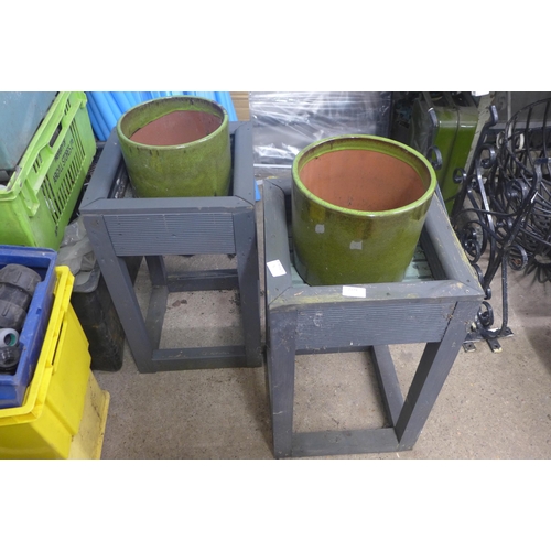 2374 - 2 Wood planters and 2 glazed plant pots