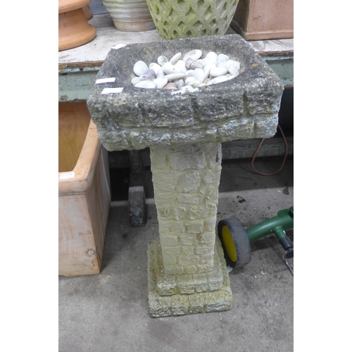 2387 - Stone bird bath with pebble decoration, 38cm x 38cm x 85cm